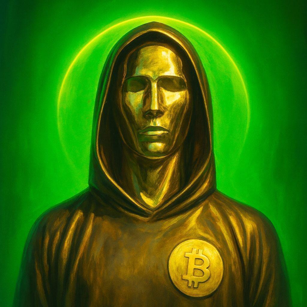 Golden hooded Satoshi Nakamoto parody avatar
